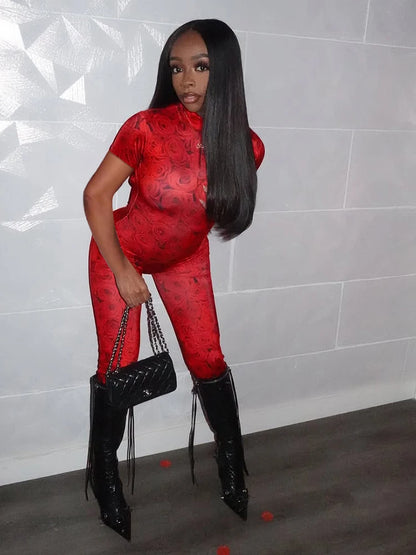 Flower Print Jumpsuits Women Turtleneck Short Sleeve Backless Skinny Peach Hip Midnight Club Party Fashion Overalls