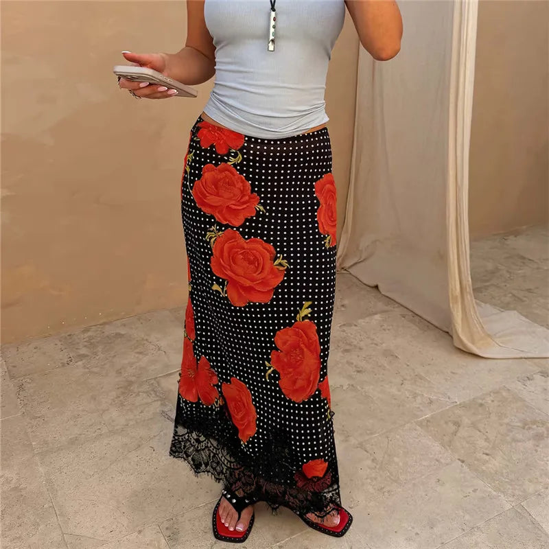 Vintage Floral Print Bodycon Long Skirt Women Polka Dot Lace Spliced Hem High Waist Mermaid Midi Skirt Casual Beachwear