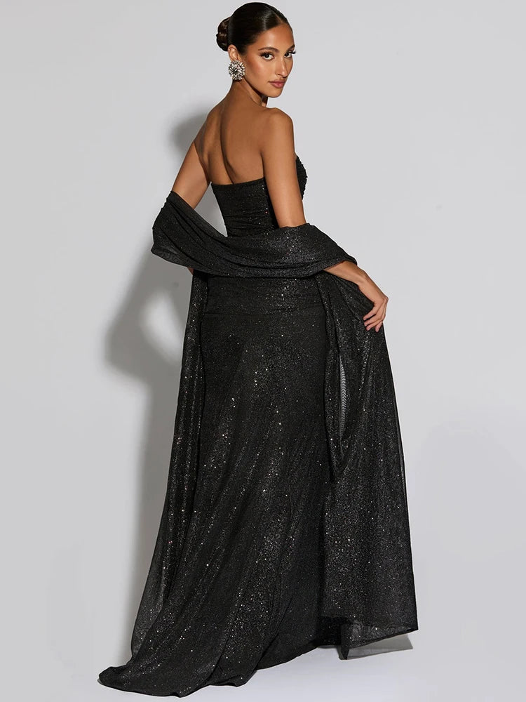 Sparkle Strapless Draped Sexy Maxi Dress Women Elegant Off-shoulder Sleeveless Backless Ruched Club Party Long Dress