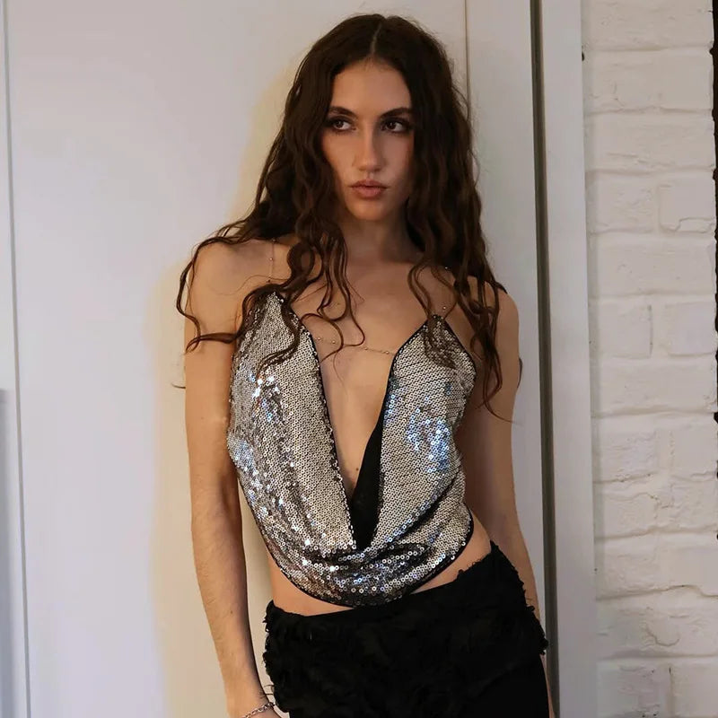 Sparkling Silver Sequin Tops Sexy Summer Night Club Rave Wear Tanks & Camis Chain Backless Halter Crop Top