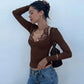 Lace Trim Halter Neck Long Sleeve Slim-fit Top Fashion 2026 Fall Shirts Woman Clothing