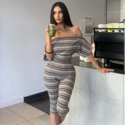 Off Shoulder Striped Capri Set Casual Fall Outfits Women's Matching Sets 2 Piece Pantsuits for Woman