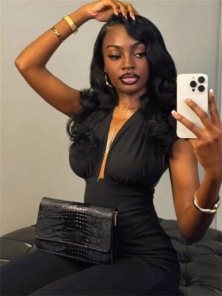 Casual Sporty Jumpsuits Women Summer New Style Ruched Deep V-Neck Sleeveless Street Solid Simple Fashion Overalls