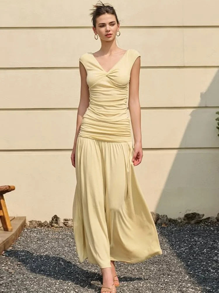 2 Piece Sets Woman Brunch Outfit Twisted V Neck Crop Top and Pleated Long Skirt Matching Sets