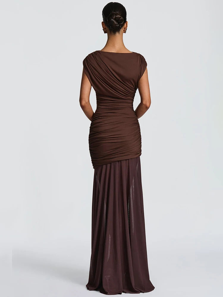 Sleeveless Ruched Sexy Maxi Dress Women Gown Elegant Patchwork Mesh O Neck High Waist Skinny Club Party Long Dresses