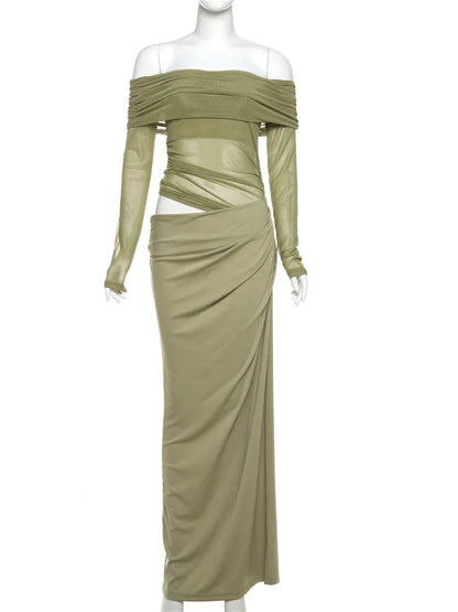 Slash Neck Dress Women Chic Elegant Sexy 2025 Patchwork Mesh Ruched Hollow Birthday Party Clubwear  Vacation Vestidos