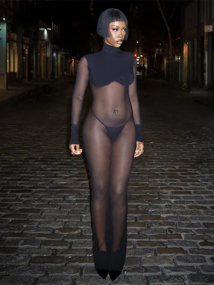 Hot Girl See Through Long Dress+Briefs Woman Turtleneck Full Sleeve High Waist Midnight Club Party Sexy Fashion Vestidos