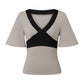 Womens Contrast Color Cross V Neck Short Sleeve Crop Tee Slim Fitted Patchwork Tshirt Summer Casual Y2K Cropped Top