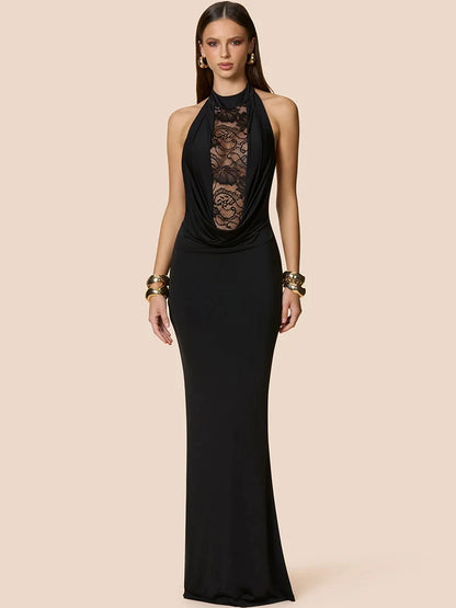 Halter Lace V Neck Sexy Maxi Dress Women Gown Elegant Lace Sheer Off-shoulder Backless Bodycon Club Party Long Dresses