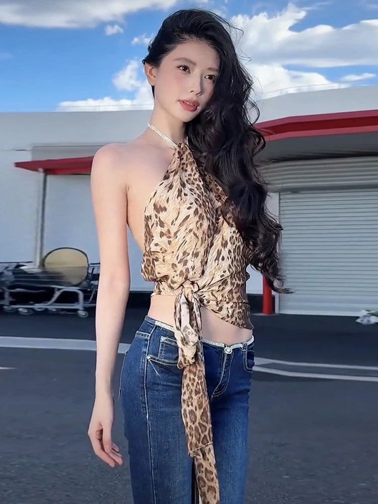 Sexy Halter Tank Tops Women Backless Leopard Lace-Up Hottie Skinny Stretch Street Music Festival Midnight Clubwear