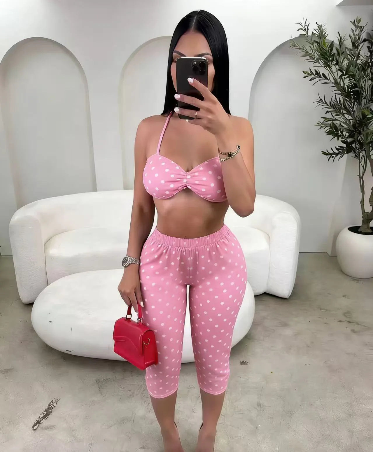 Wild Vacation 2 Piece Set Women Polka Dot Print Halter Tank Tops+Bike Shorts Stretch Matching Street Party Outfits
