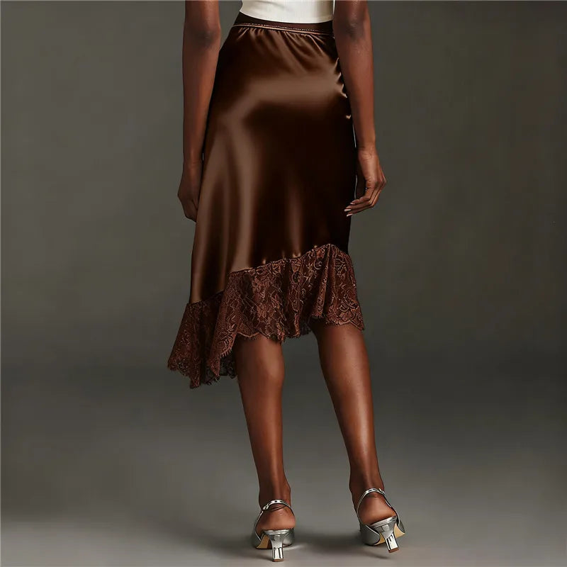 Women Lace Satin Midi Skirt Y2K Lace Trim Silk Half Slip Skirt High Waist A Line Long Underskirt Going Out Streetwear