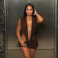 Women 2 Piece Bodycon Outfit Sleeveless Deep V Cutout Bodysuit Drawstring Ruched Mini Skirt Nightclub Party Matching Set