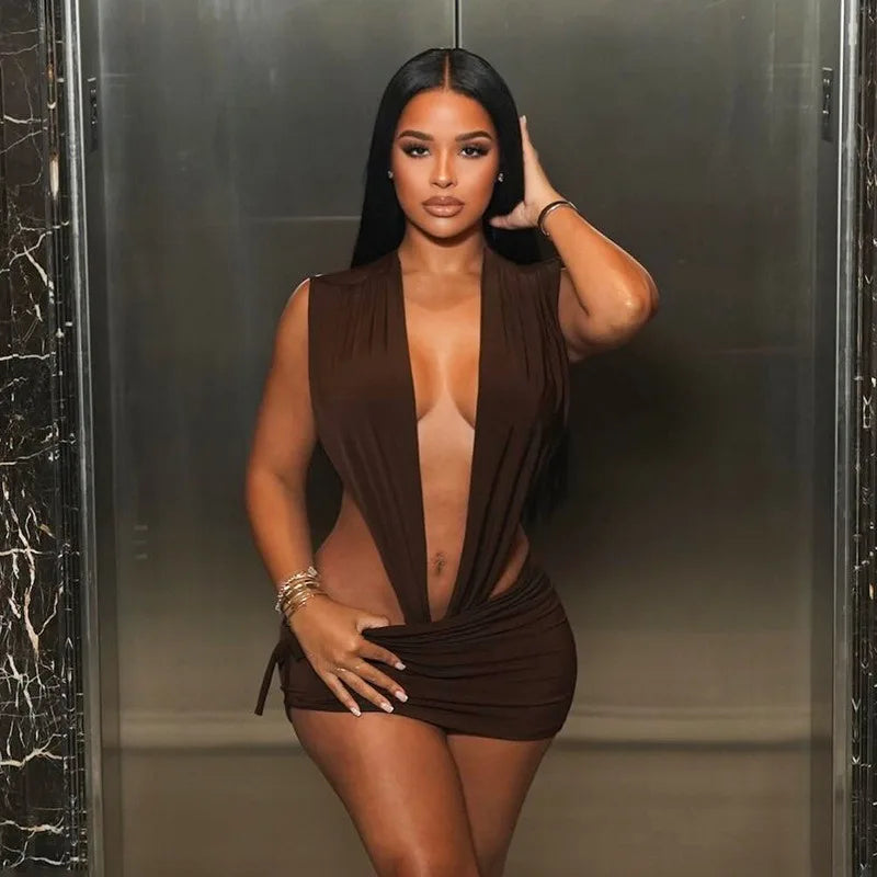 Women 2 Piece Bodycon Outfit Sleeveless Deep V Cutout Bodysuit Drawstring Ruched Mini Skirt Nightclub Party Matching Set