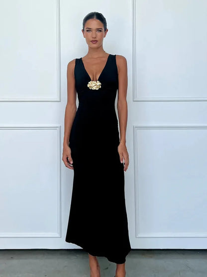 Elegant Deep V Neck Front Gold Clasp Sexy Maxi Dress For Women Black Gown Sleeveless Slim Fit Long Tank Dress Elegant