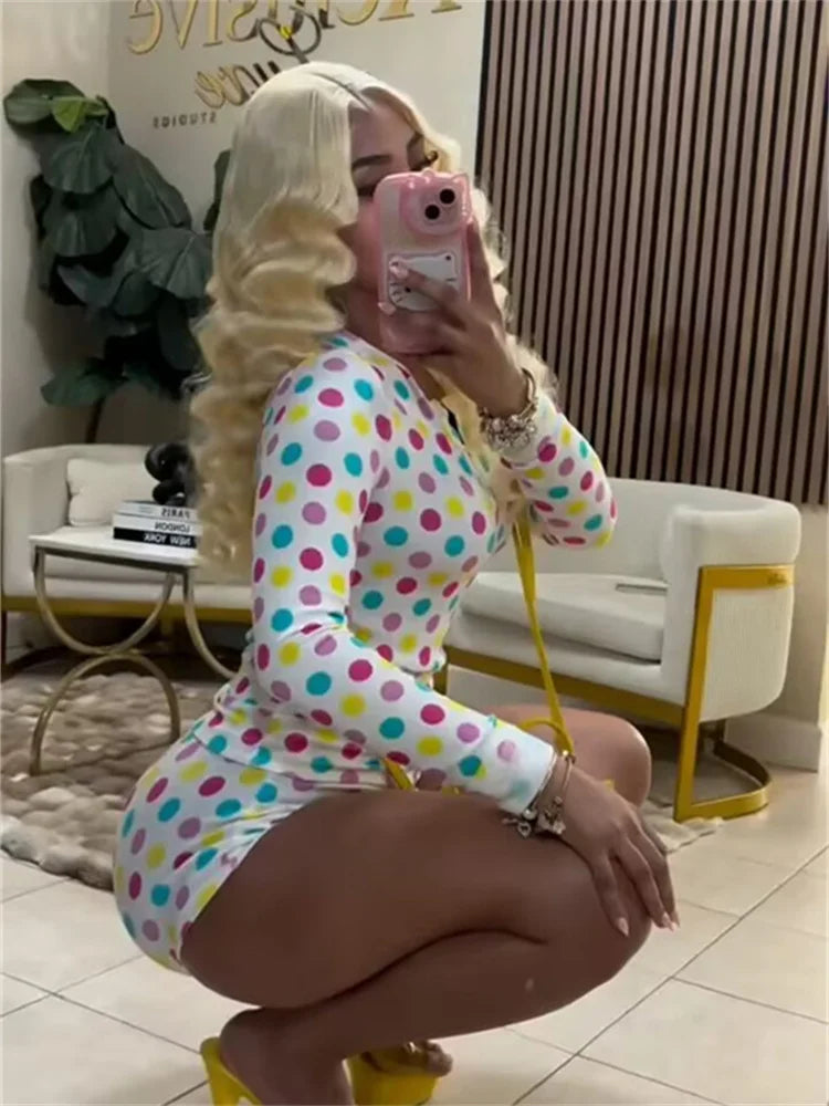 Colorful Polka Dot Print 2-Piece Set Women o-Neck Button Full Sleeve t-Shirt Fashion Suit +Elastic Waist Simple Short