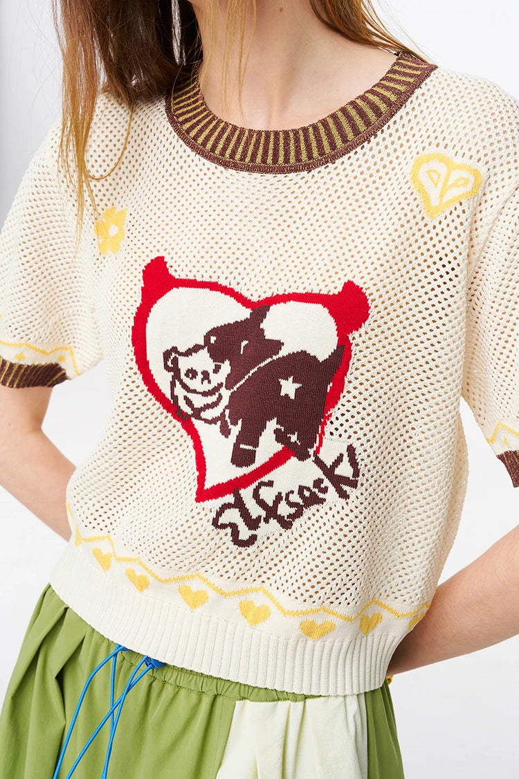 Women's Crochet Knitwear with Heart Animal Pattern, Short Sleeve Color Block Trim Top, Casual Retro Tee for Summer
