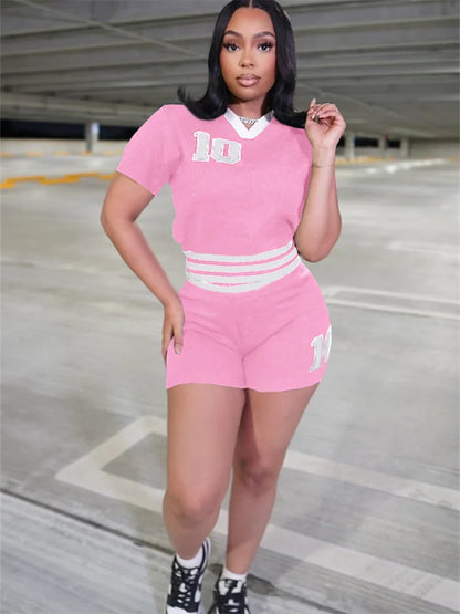 Knit Patchwork 2 Piece Set Tracksuit Women Letter Print V-Neck Crop Tops+Skinny Shorts Casual Fashion Sporty Outfits