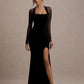 Elegant Side Slit Maxi Dress Women Low-Neck Full Sleeve Patchwork Mesh Banquet Autumn Winter Trend Prom Party Vestidos