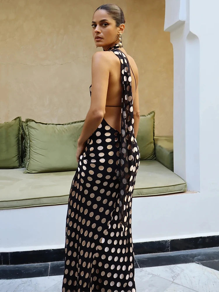 Round Plaid Printed Maxi Dress For Women Gown Halter Off-shoulder Sleeveless Backless Evening Club Long Dress Elegant