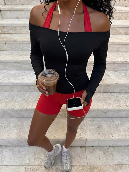 Color-Blocking Match 2 Piece Set Woman Slash Neck Full Sleeve T-Shirts+Halter Backless Skinny Peach Hip Rompers Suits
