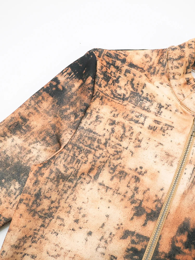 Fashion Sporty 2 Piece Set Women Tie Dye Print Metal Buckle Crop Jacket+Biker Shorts Matching Streetwear Stretch Suit