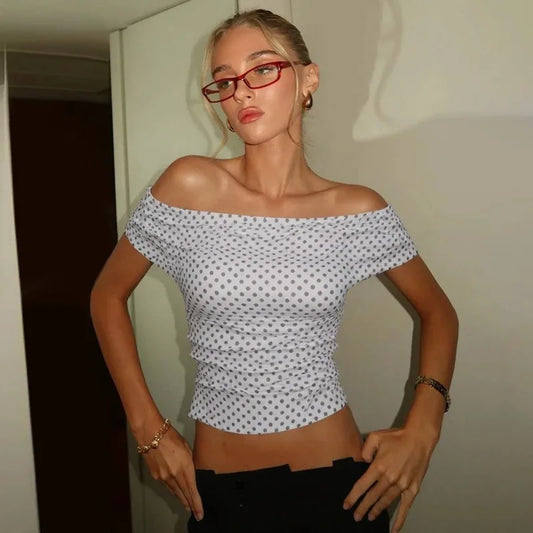 Polka Dot Print Halter Top Y2k 2000s Woman Clothes Sexy V Neck Backless Crop Tops Streetwear