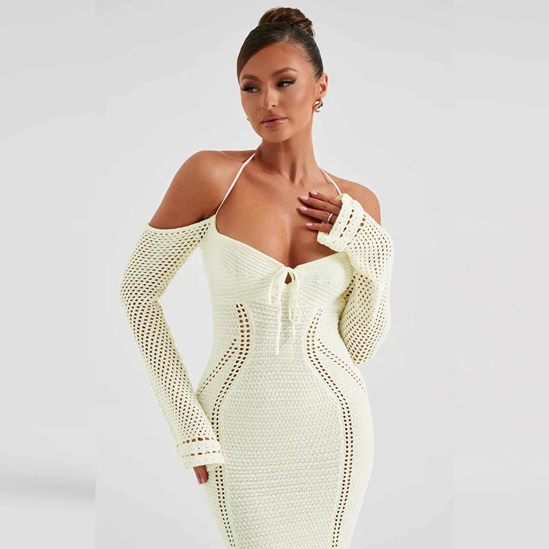 Hollow Knitted Sweater Dress for Women Elegant Sexy Crochet Halter Backless Long Dresses Party Outfits