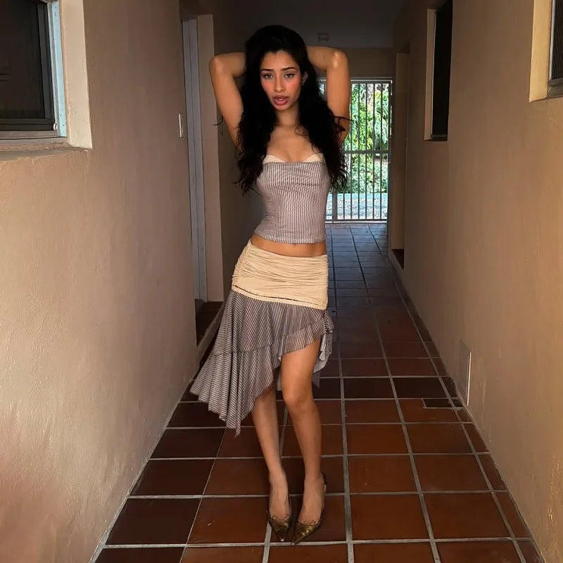 Co Ords Sets for Woman 2 Pieces Striped Irregular Midi Skirt Set Sexy Summer Outfit Woman 2026