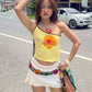Y2K Sweet Style Tank Tops Women Flower Print Off Shoulder Shirring Backless Vacation Trend Beach Party Skinny Outfits