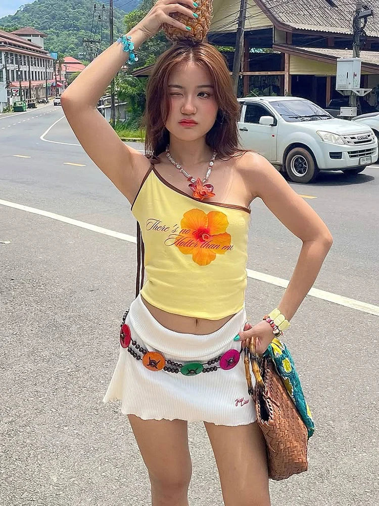 Y2K Sweet Style Tank Tops Women Flower Print Off Shoulder Shirring Backless Vacation Trend Beach Party Skinny Outfits