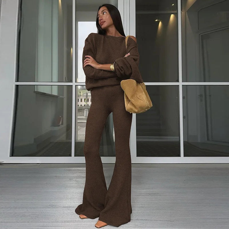 Women 2 Piece Set Outfit Cozy Knit One Shoulder Long Sleeve Top High Waist Flare Pants Set Winter Woman 2026