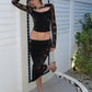 See Through Jacquard 2 Piece Set Women Hollow o-Neck Full Sleeve Skinny Crop Tops+Classic Skirt Sexy Midnight Suit