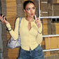 Light Yellow Ribbed Knit Button-up Cardigan Casual Long Sleeve Tops 2026 Fall T Shirts Woman Clothing