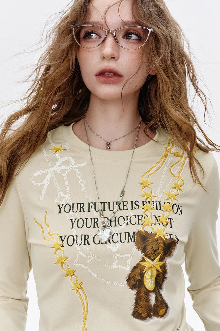Women's Casual Long Sleeve T-Shirt with Bear Graphic Print, Cute Cartoon Pattern Crop Top for Everyday