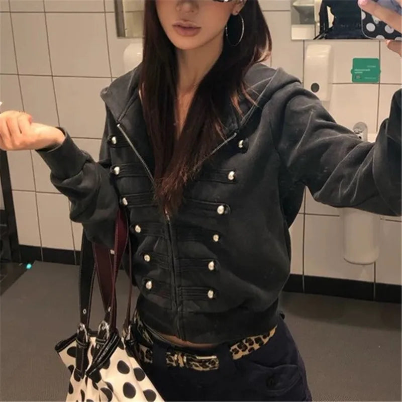 Womens Trendy Cropped Zip Hoodie Military Double Metal Buttons Design Hooded Long Sleeve Slim Short Jacket Street Top
