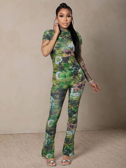 Mesh Patchwork 2 Piece Set Women Flower Print Short Sleeve Crop Tops+Stretch Flared Pants Street Fashion Sexy Outfits