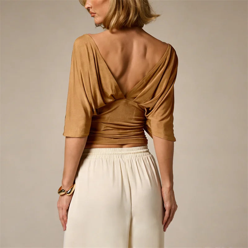 Sexy Deep V-Neck High-Waisted Spliced T-Shirt Women Fashion Solid Waist Shaping Short Sleeves Top Summer Street T-Shirt