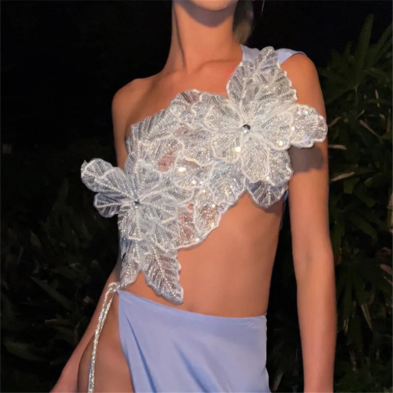 Women Sexy Beach Vacation y2k Chic Skew Collar Tank Tops Sequin Flowers Lace Up Crop Tops Summer Lady Vacation Camisole