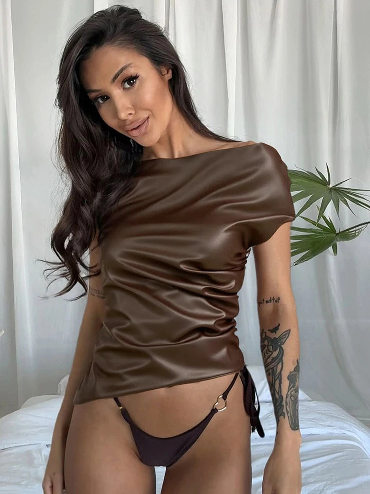 Faux Leather Tank Top Women Solid Slanted Collar Zip Ruched Slanted Hem Skinny Midnight Street Club Basic Wild Vest