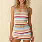 Womens Rainbow Stripe Ribbed Knit 2 Piece Outfit Spaghetti Strap Crop Top+Mini Skirt Set Bodycon Summer CasualStreetwear