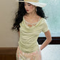 Women's Elegant Fake Two Piece Ruched Cowl Neck T-Shirt, Lace Trim Ribbed Knit Crop Top with Bead Detail