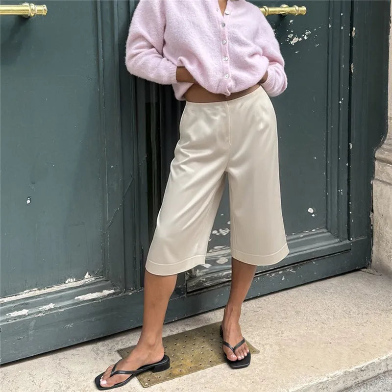 Silk Like Satin Capri Culottes Ladies High Rise Front Pleat Wide Leg Mid Calf Loose Draped Office Commuter Trousers
