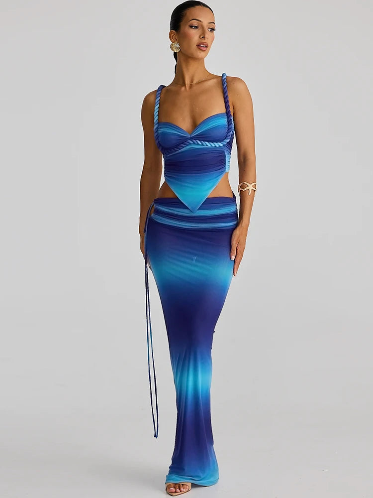 Gradient Sexy 2 Piece Set Women Y2K Plait Heart Shape Camisole+Shirring Hollow Skirts Summer Beach Vacation Clubwear