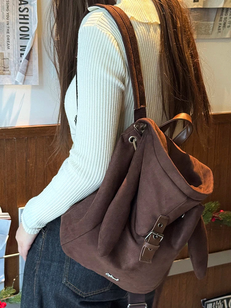 Y2K Preppy Solid Bunny Ear Hat Belt Buckle Backpack For Women