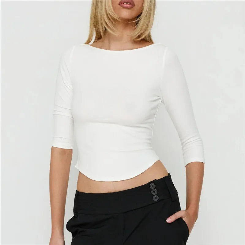 Womens Basic Solid Crop Top Boat Neck Three Quarter Sleeve Slim Fitted Curved Hem Y2K Casual Daily Streetwear Blouse