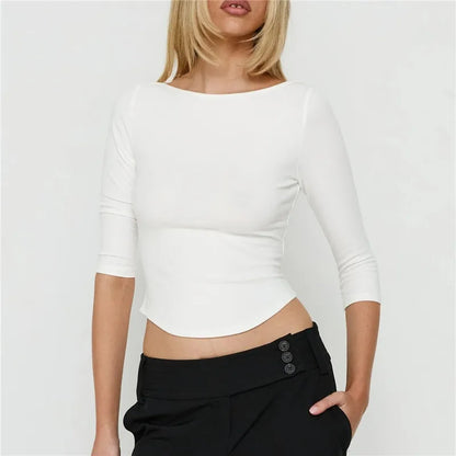 Womens Basic Solid Crop Top Boat Neck Three Quarter Sleeve Slim Fitted Curved Hem Y2K Casual Daily Streetwear Blouse