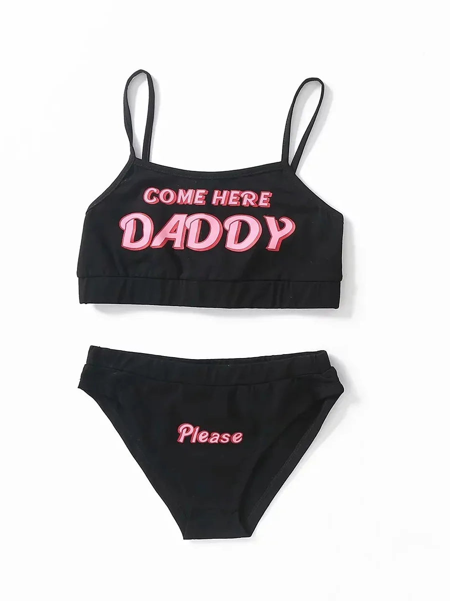Two piece set Fashion COME HERE DADDY Letter Print Tank Top Sexy Sleeveless Summer Harajuku Kawaii Cropped Feminino Bikini 2023