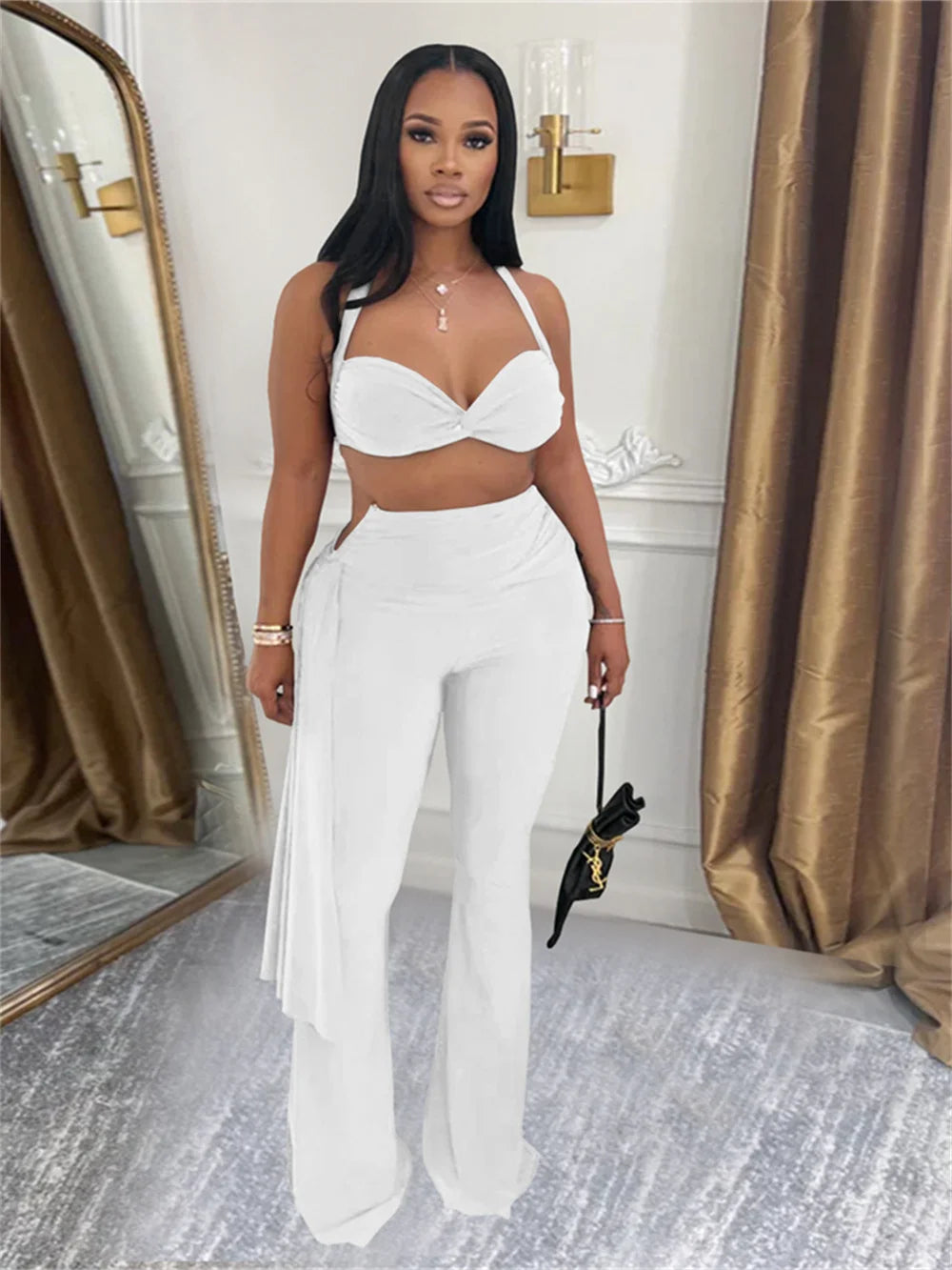 Ruched 2 Piece Set Women Sexy Halter Backless Bra+Metal Casp Ribbon Flared Pants Matching Party Club Stretch Outfits