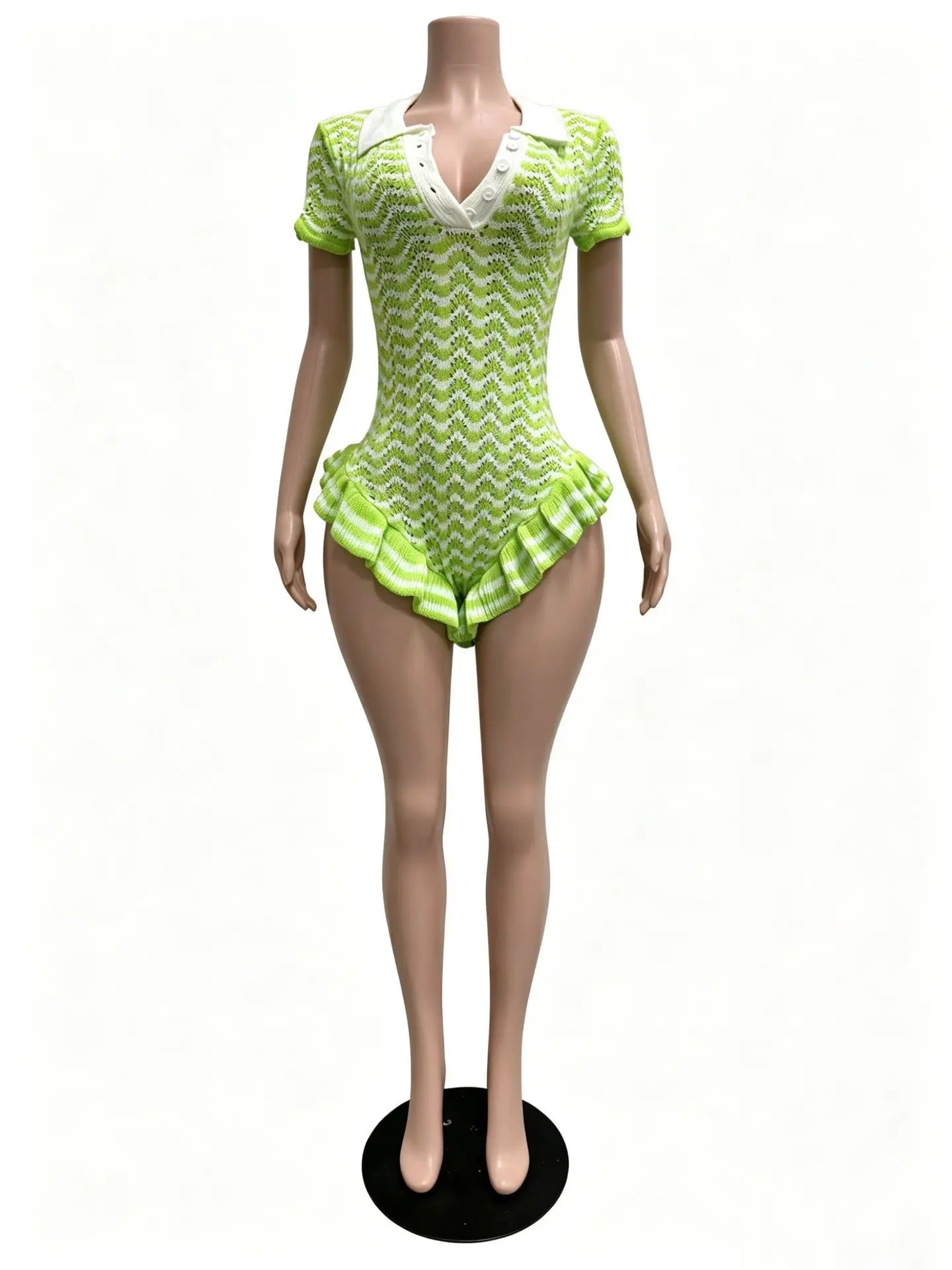Ruffled Edge Knit Romper Women Sexy Single-Breasted Turn Down Collar Short Sleeve Fashion Trend Party Street Playsuit